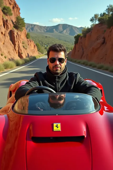 a cinematic, hyperrealistic image of titoworld in aviator sunglasses, driving a ferrari. the camera is positioned in front of th...