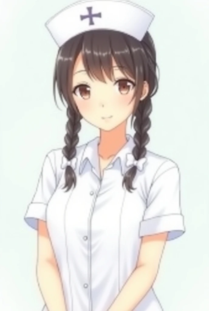 Nurse with double hair tied, nurse cap, facing the front, smiling, Japanese anime, pure nurse clothes