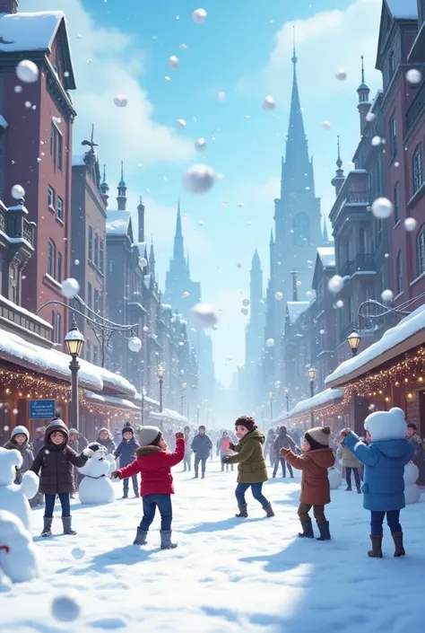 : A city covered in snow, with people building snowmen and human throwing snowballs at each other.