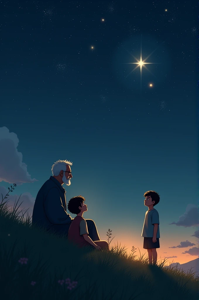 Image Prompt: A young boy, Sam, sits on a grassy hill under a dark, starry sky with his grandfather beside him. The two are gazing at a vast universe filled with sparkling stars, with one particularly bright star glowing in the center of the sky. Sam has a...