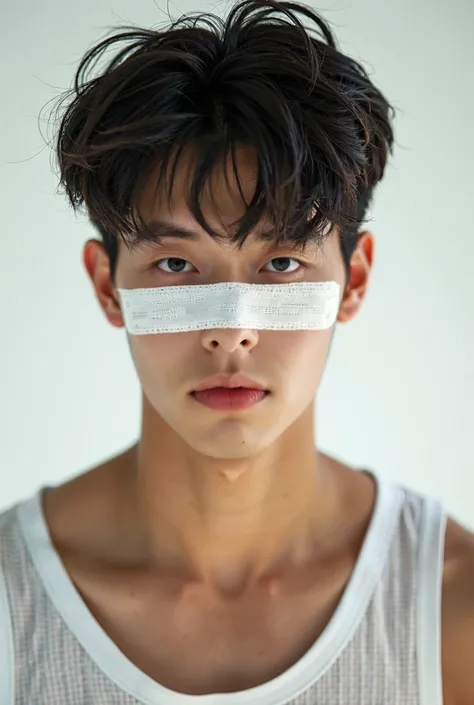 A close-up portrait shirtless, a korean young man,a athletic male basketball player with a messy hairstyle, wearing a white basketball jersey with black trims, labeled "BOSTON". The player has a determined look, a bandage across his nose, and is biting a p...