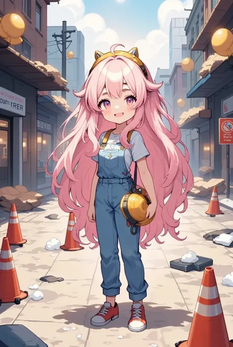 1girl, alone, sheep,  long pink fluffy hair that is destroying buildings, thick eyebrows, overalls,  yellow safety helmet, compr...