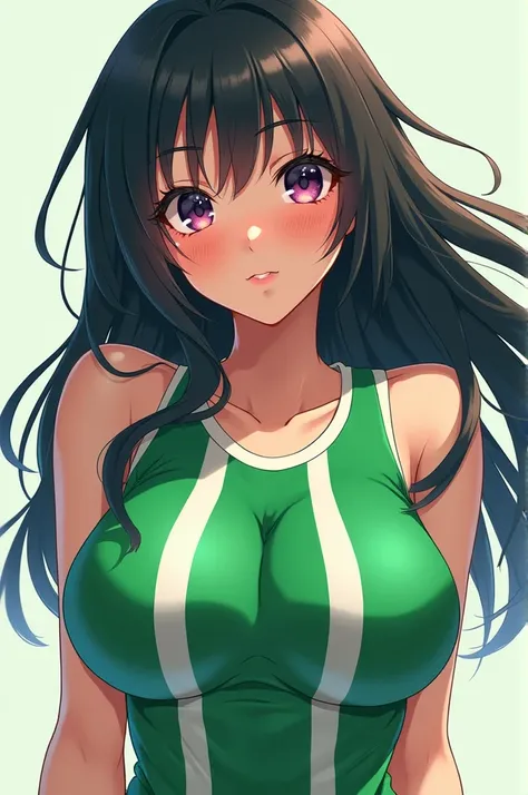 Create anime image of a beautiful woman with huge breasts dressed in a green top the top has white stripes vertical soccer soccer 