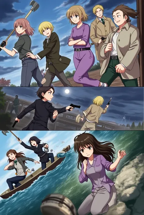 Girl in a purple shirt pants light brown hair brown eyes blonde girl in a coat with an axe man with a gun black suit brunette girl with a friend curly hair in a boat deep sea sky storm 