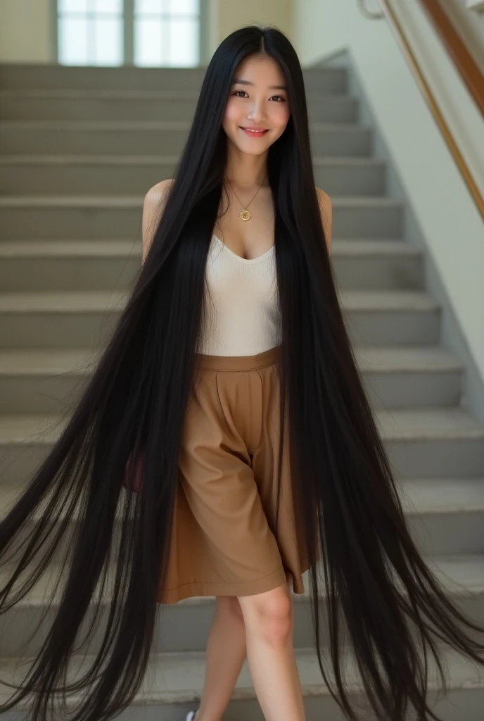 Very cute and young chinese lady with red lip.She is light smile with upper teeth and have dimple.She wear  brown culotte , white decllete and white walking shoe.She is walking on the up stair.She is the centre of the stair.She have the longest hair length...