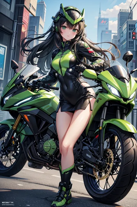 Highest quality, Excellent details, Ultra-high resolution, (realism: 1.4),  best illustration , ,  A VERY CONDENSED ONE GIRL ,  Raise, Wearing a black and green mech, Wearing a mecha helmet, 方向コントローラーを握っている, Riding a motorcycle,  holding a direction contro...