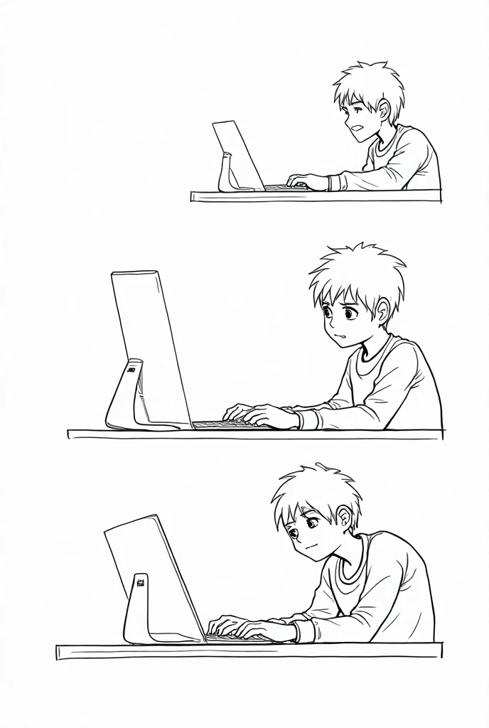 A teen boy, attending online class and is looking at the computer, make it simple and easy to draw, he looks a bit depressed and sad. No colors. Make the art like in those comic strips. Now make him scroll through media. There are news about the COVID 19 w...