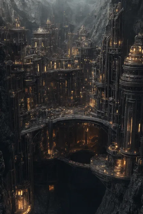 A large mecahnical city underground. Steampunk style. Large number of buildings. Some mining can be seen