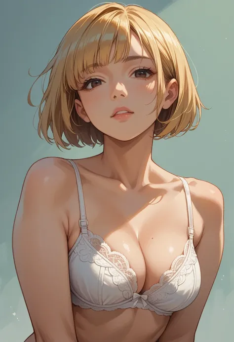 sololeveling,source_anime,female,asian,Bob Hair,blonde hair,busty,white bra,UpperBody