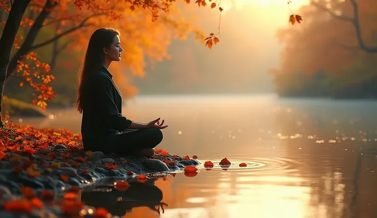 "A simple yet vivid scene of a person sitting by a river, meditating, their reflection shimmering in the water as colorful autumn leaves fall gently around them."