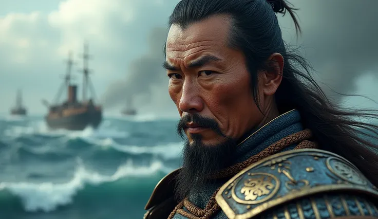  Close-up image sees the clear face of Josho wearing ancient Chinese warrior armor., standing in command of the battle on the Central Ocean Navy. , The atmosphere is full of tension 