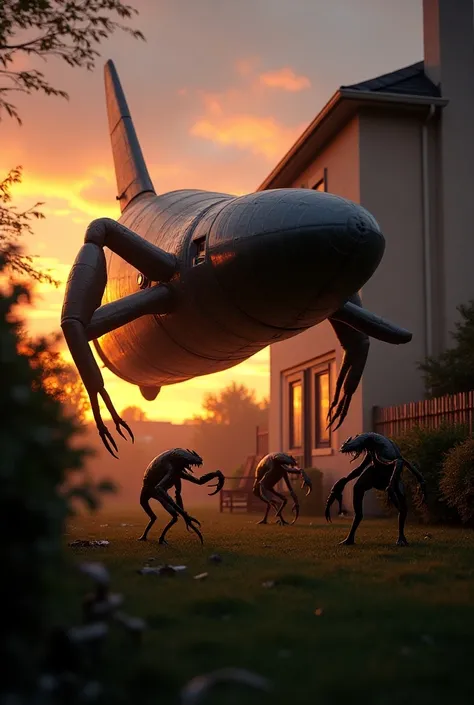 At sunset a spaceship is in the backyard of a house then from the spaceship alien lobsters . terror 