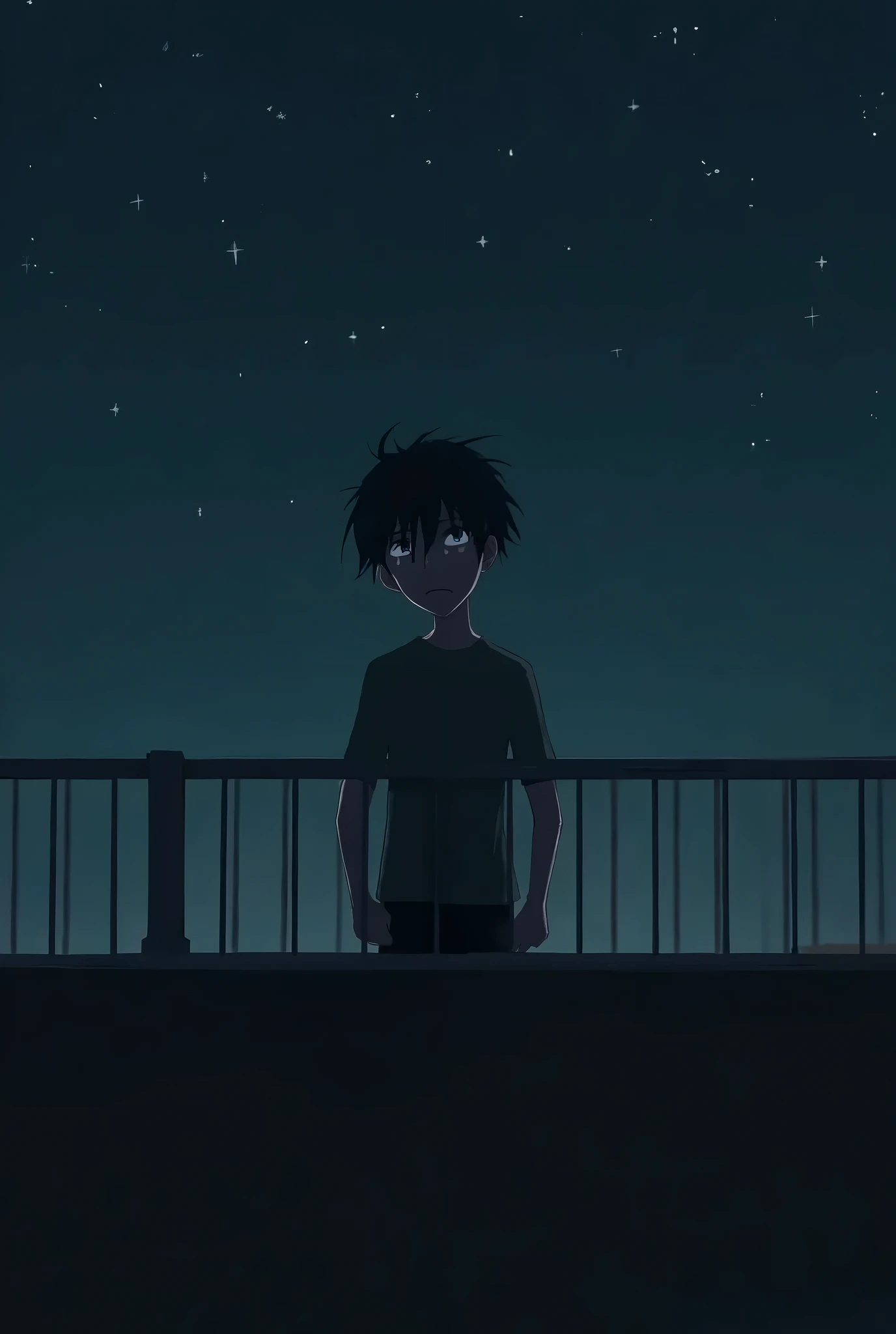 A lonely boy with tears in his eyes and messy hair is standing on the balcony grill in the dark night