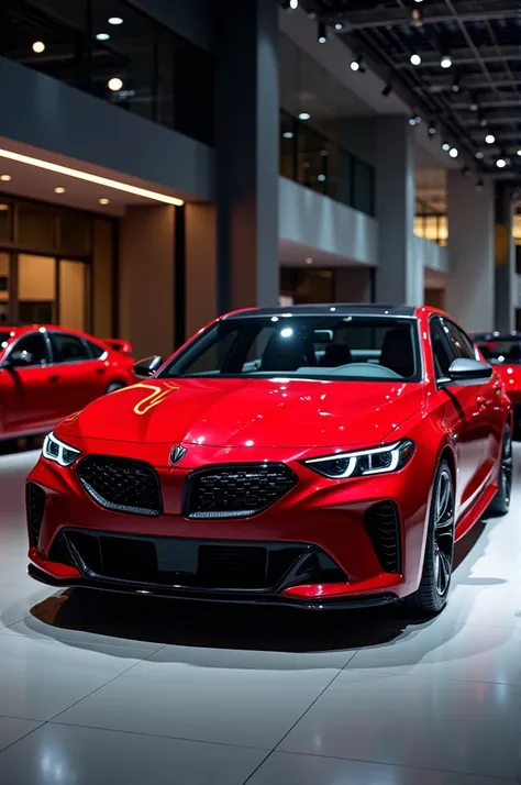 "Imagine a stunning 2025 Pontiac GTO in a bright, shiny red finish, showcased in a sleek showroom. The lighting reflects off its polished exterior, highlighting the aggressive design lines and iconic GTO badge. Capture the essence of modern muscle with a f...