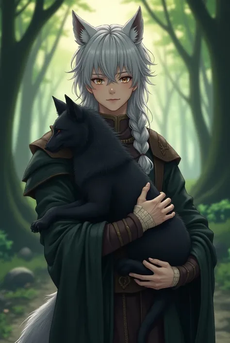 masterpiece, best quality, masterpiece, Young man, silver hair, long hair,wolf ear,wolf tail, bard outfit, green costume,gentle smile, holding a wolf cub,(((bandaged black wolf cub))), in the woods,anime style