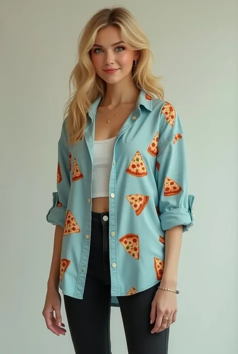 Female character with black eyes smiling at the spectator with long blond hair wearing a wide pale dark blue shirt with the design of a piece of pizza in the middle of the shirt with black pants and brown sneakers and white lacing shoes 