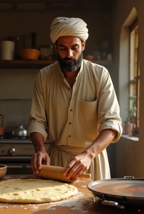 A muslim men making chapati to help his wife in kitchen