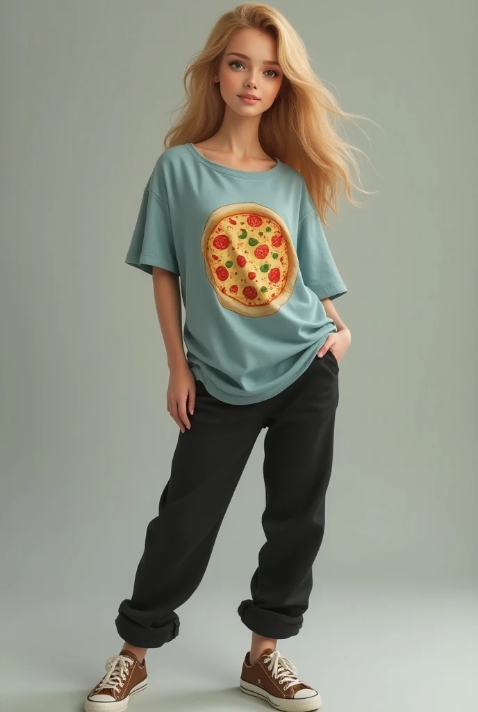 Female character with black eyes smiling at the spectator with long blond hair wearing a wide pale dark blue shirt with the design of a piece of pizza in the middle of the shirt with black pants and brown sneakers and white lacing shoes 