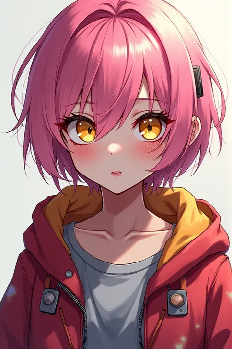 Girl with cyperpunk style; short pink hair; yellow eyes; sweet look but have arrogant attitude (realistic art style)