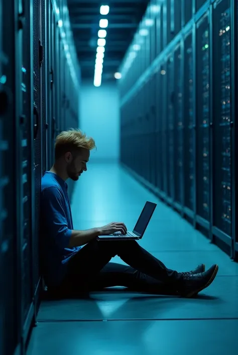 a large datacenter with many servers, close-up of a tall, blonde, white man, sitting on the floor, leaning on the servers, working on a notebook, ultra realistic image, with lots of details, vivid colors, bright environment, high definition