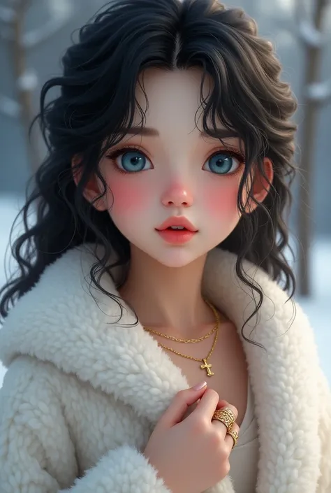 A girl with curly hair,  her messy, black curls ,  her hair reaches her shoulders ,  his big tender blue and bright eyes,  pale, well-groomed skin ,  thick lips and shiny skin ,  a friendly look ,  wears white winter clothing , gold rings , a gold necklace...