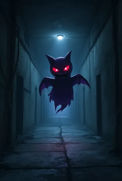 A dark, empty corridor with a Gengar floating in the center.