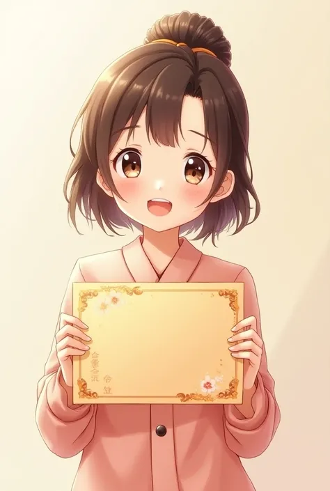 Beautiful Japanese two-dimensional visual girl holding an A3 size greeting card and smiling happily at me，