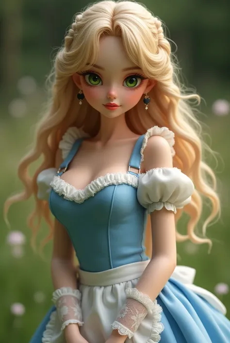  Blonde and carefully braided hair 
Well-groomed bangs flowing gently to the left 
big breasts ,
Lips red like apples
 lime green sparkling eyes 
BLACK HEART EARRINGS , 
Smile
Black bow headband ,
  Blue sweet dress with a white fluffy apron 、
  Knee-high ...