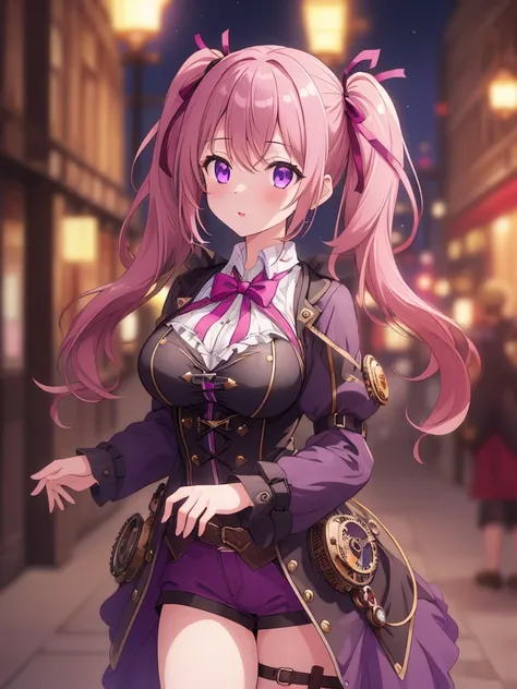 ((8k, Highest quality, masterpiece: 1.3)),Ultra-high resolution,(1 girl, alone), Highly detailed dark purple eyes, Highly detailed face, surprisingly looking up above, steampunk city
light pink short twintails, night, breast, blurry background, ribbons, he...