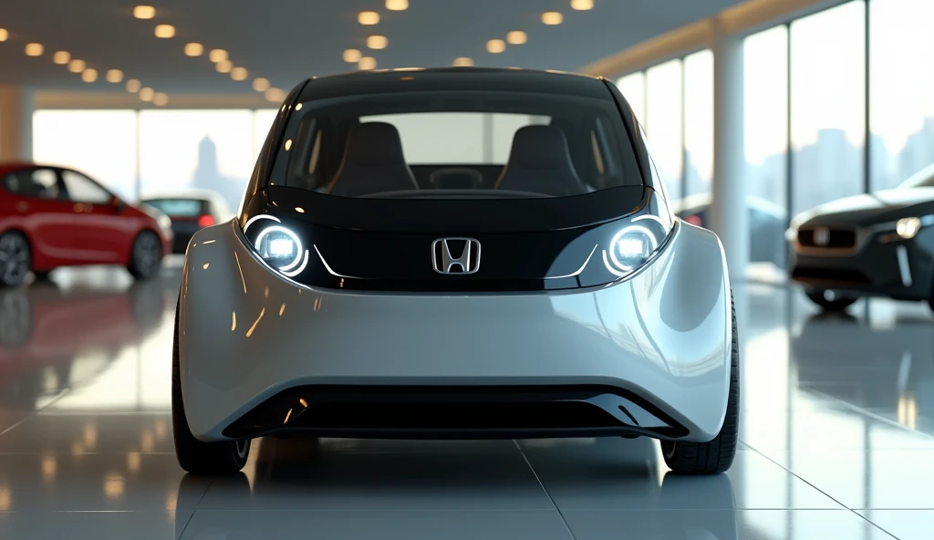 Create a high-quality image of a futuristic compact Honda electric car, viewed from the front. The car should have a boxy yet sleek design, LED circular headlights, a metallic silver body with black accents, and modern styling. It is parked indoors under s...