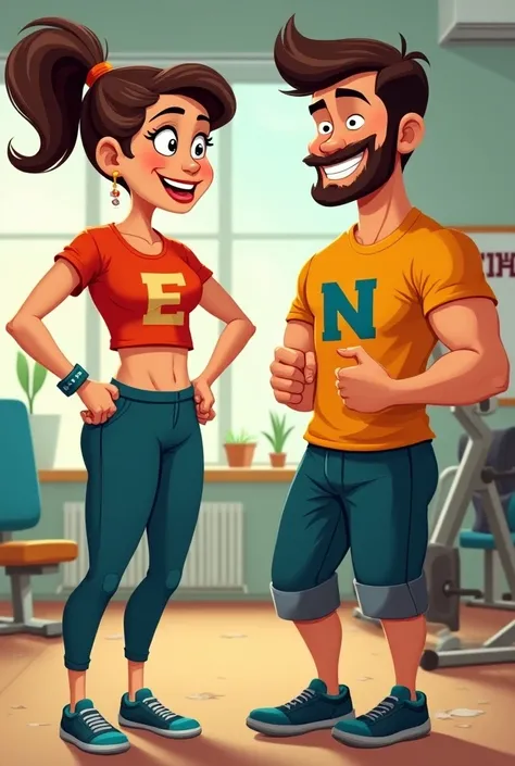 It generates a couple in a cartoon who like to go to the gym with initials on their t-shirt: the woman with the E and the man with the N, something more cartoon. 