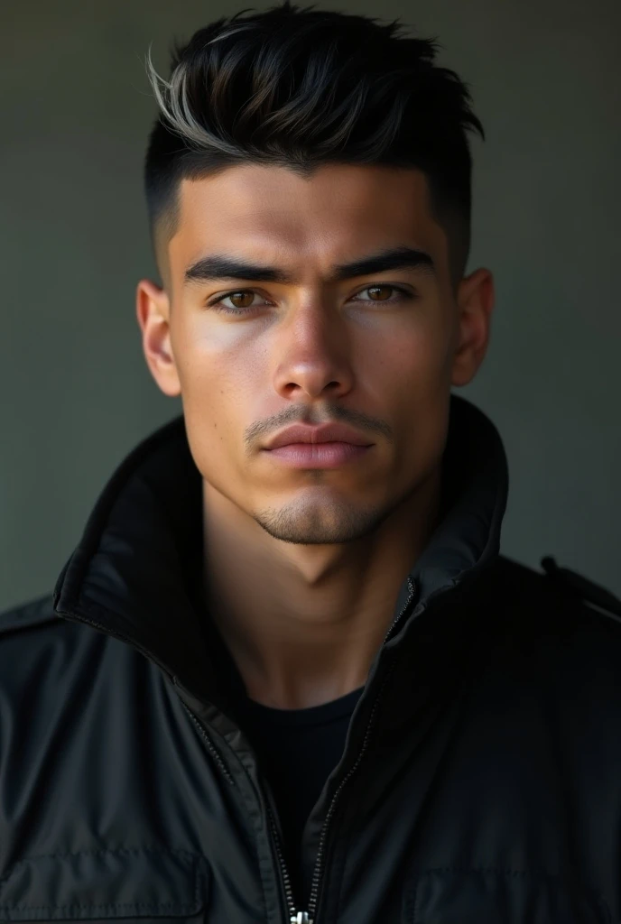  Beautiful young boy of 20 years old American Joel Garrido muscular young hair cut fade black hair with white highlights ,with bright white skin ,Royal Azael HD eyes with his Beagle dog wearing military black tactical clothing  