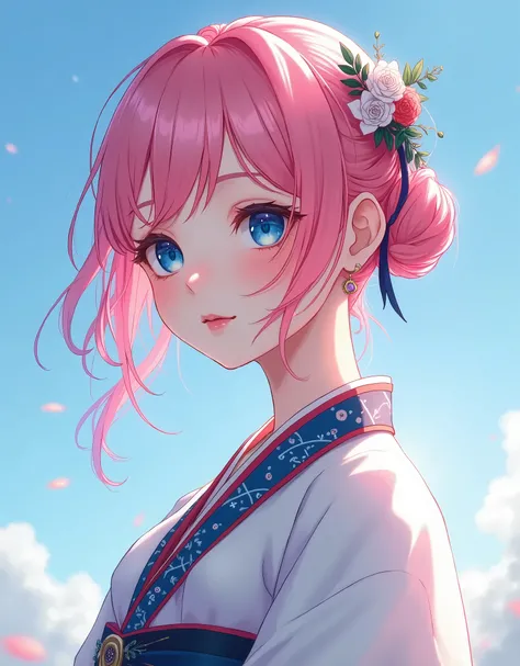 (finely detailed beautiful eyes and detailed face,Masterpiece sidelighting,Masterpiece,best quality,detailed,High resolution illustration),, (1 girl,whole body,shiny skin,Looking down,looking at viewer),, (pink hair,blue eyes,Loop,hanbok, usclothing), (clo...