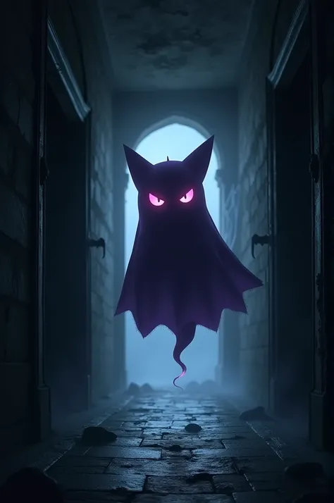 A dark, empty corridor with a Gengar Pokémon floating in the center.