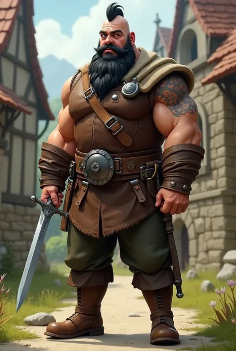 A tall man with a black beard ,That he has a sword and an old costume in a cartoon