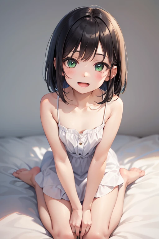  Extremely sweet six-year-old girl  ,  shoulder-length black hair  ,  big expressive light green eyes , open mouth smiling , very simple white dress  , barefoot ,  Looking at the spectator  , Kneeling on the bed with her legs together , hands resting on th...