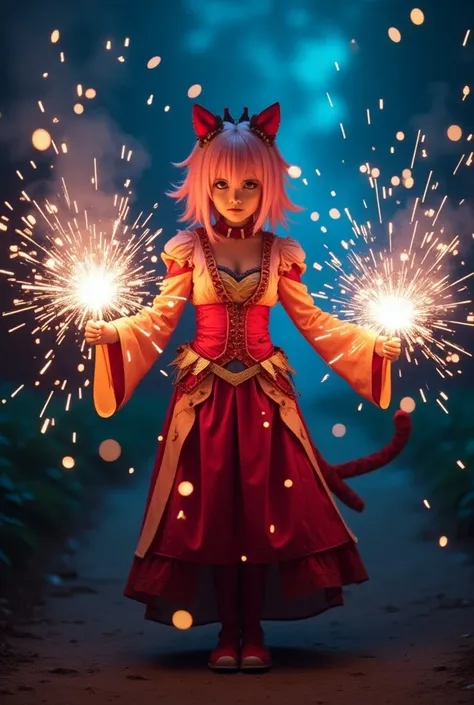  someone in cosplay holding sparklers, possibly dressed as a fantasy or anime character. If you would like me to help you identify the character or give more details about the outfit, feel free to let me know!