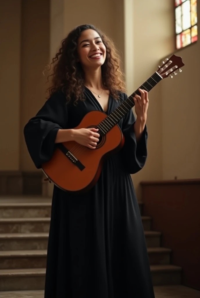  Best quality 
Sacred music teacher 
Gown, curly hair at the waist , black, happy
Guitarist 