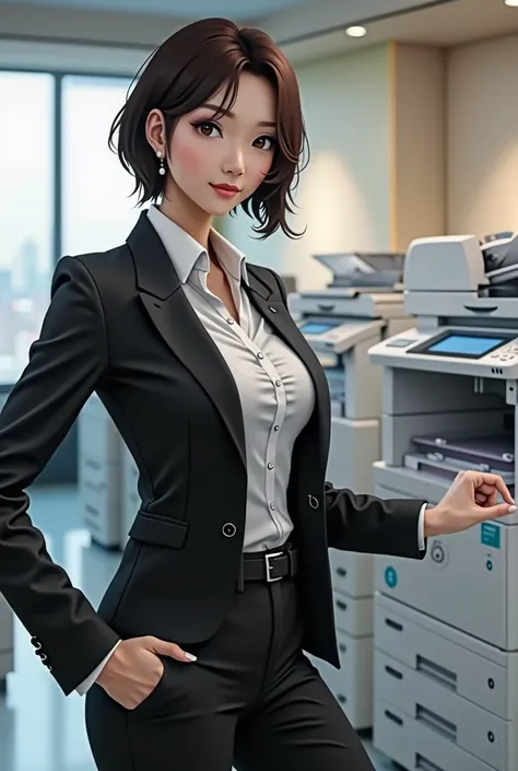 A beautiful female japanese employee with a sexy figure, short hair, smiling, big boobs, stands next to the right a photocopy machine, offering photocopy machine rentals with a seductive look