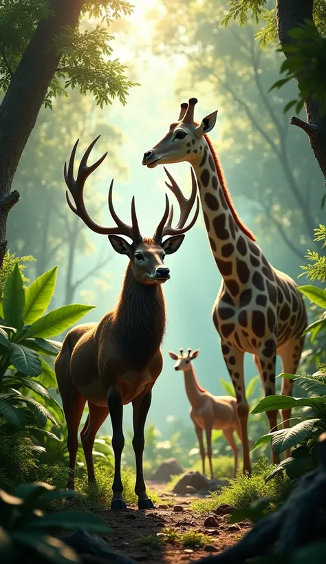 A deer with antlers,a giraffe,lush jungle,dense foliage,sunlight filtering through leaves,(best quality,4k,8k,highres,masterpiece:1.2),ultra-detailed,(realistic,photorealistic,photo-realistic:1.37),vivid colors,intricate details,dramatic lighting,cinematic...