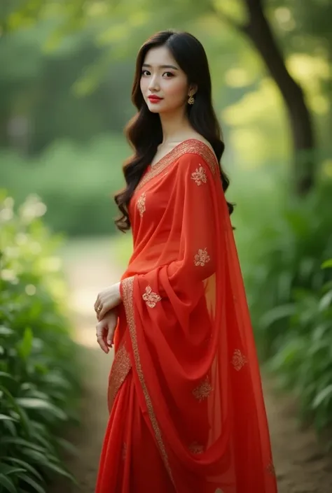 I need a girl which is looking like a 20% Korean and 80% Indian girl mixture she wears red colour saree full body include front photo and shes background is blur green garden and she looks like 60kg weight 