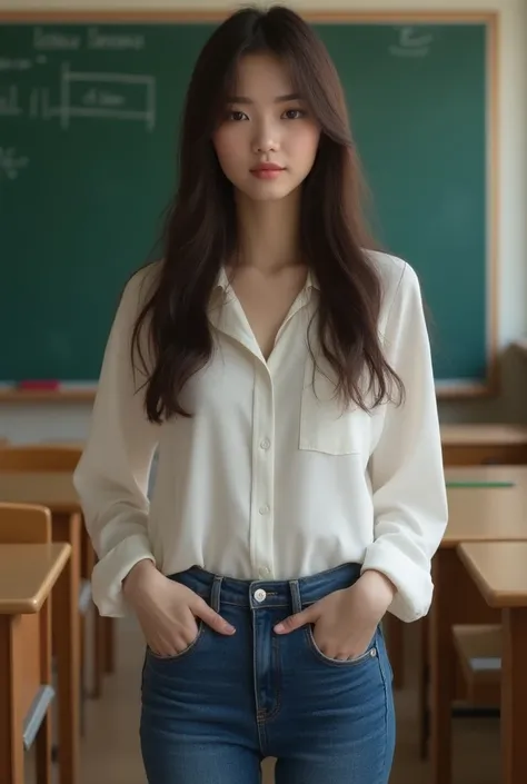 Woman in a classroom brunette brown eyes long black hair wearing white clothes and rip-free blue Blue Jean pants