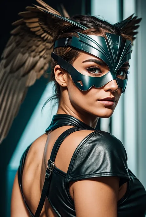 Woman looking back over shoulder wearing a metal hawkgirl eye mask 