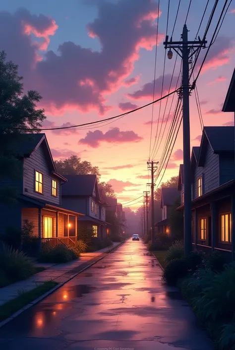 The image depicts a peaceful, residential street at sunset or early evening, with a serene atmosphere. The sky is filled with colorful clouds in shades of pink, purple, and orange, which are reflected beautifully on the wet street, likely after a recent ra...