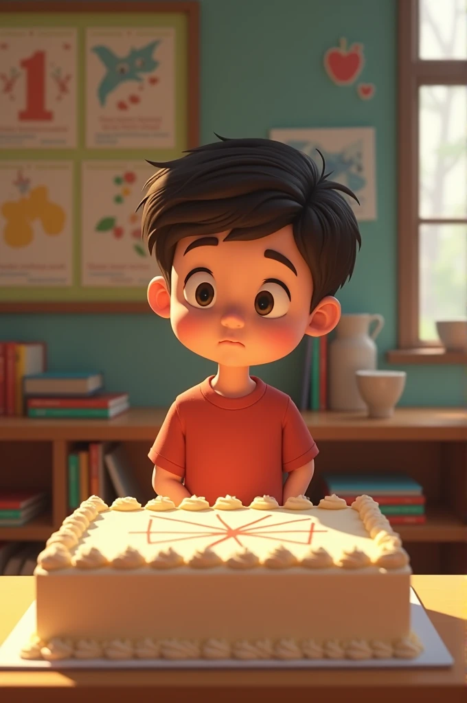 August initially guesses the shape of Unos cake, thinking it might be something different. Upon inspecting the cake, he realizes it is rectangular, which prompts him to ask their teacher about the symmetry of that shape.