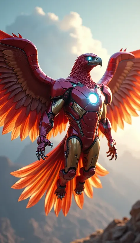 Iron Man-Eagle Hybrid: Visualize a majestic eagle merged with Iron Man’s technological design. This hybrid has metallic red and gold feathers resembling Iron Man’s armor, with glowing arc reactor-like eyes. Its wings are wide and powerful, equipped with th...