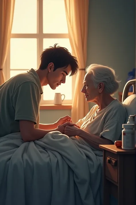 A 25-year-old man visits his 60-year-old mother, who is bedridden and appears frail, lying in a simple but neat room. The son kneels beside the bed, gently holding his mother’s hand, his face filled with concern and care. The mother, pale and visibly weak,...