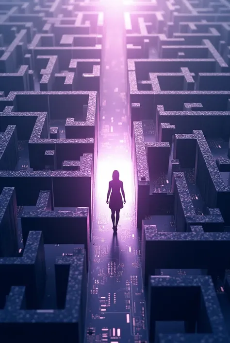 book cover featuring a maze in the shape of sqaure constructed with electronic circuits boards . The woman stands in the middle, looking lost amidst the complex paths. A glowing soul, mentor is a man like an angel clearly visible, he is shining with soft l...