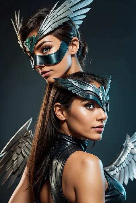 Woman looking back over shoulder wearing a metal hawkgirl eye mask 