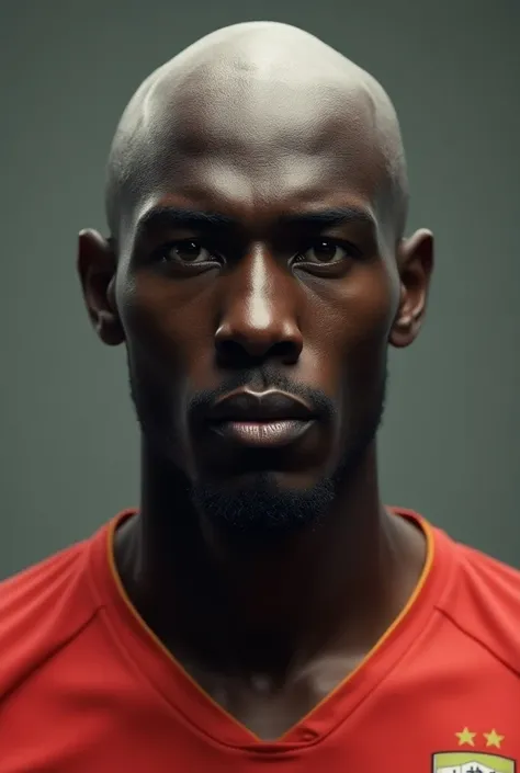 Play me an African soccer player with giant, bald jaws and cheekbones, without a beard and that his face is in the foreground, with inhuman jaw and cheekbones, very big 